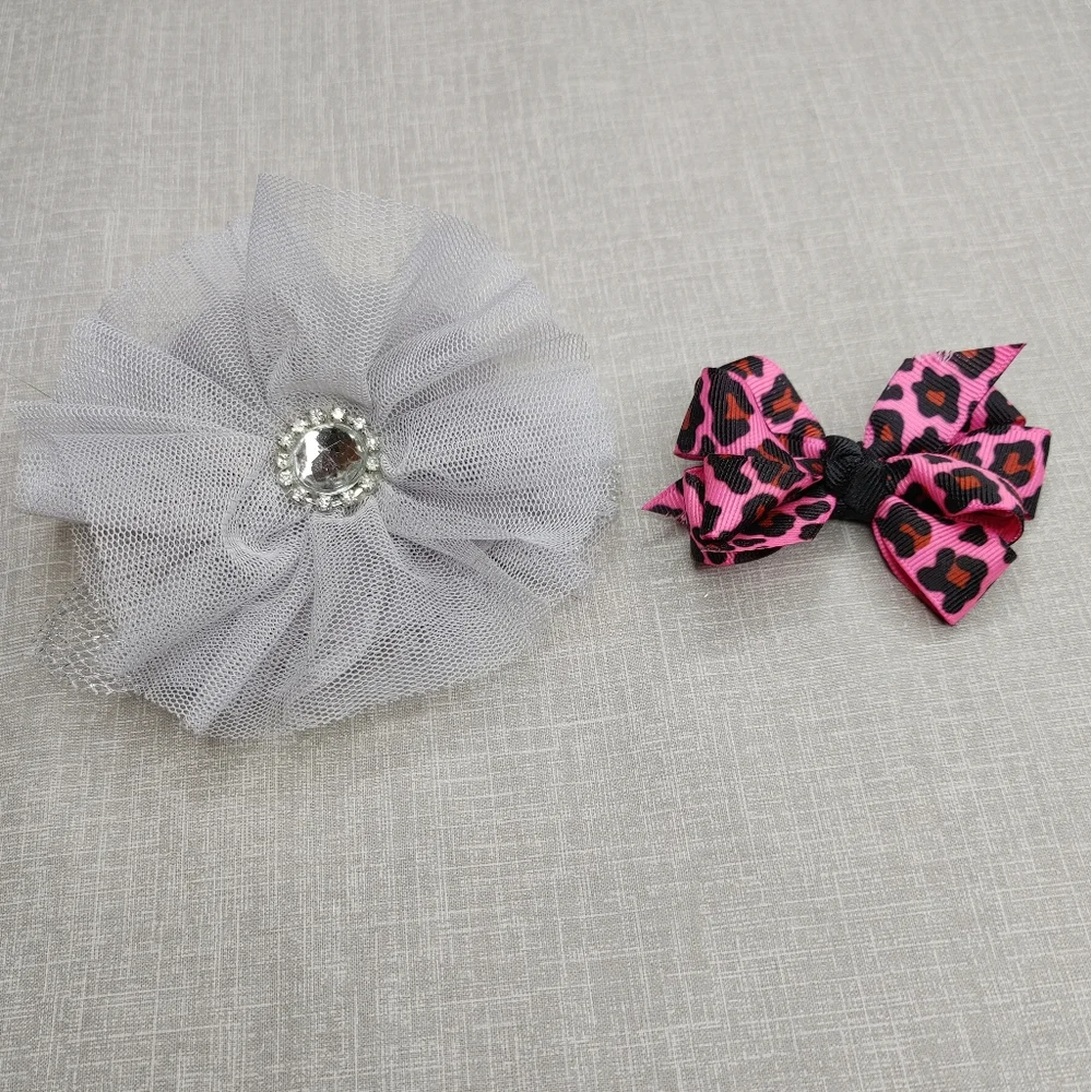 GREY TULLE MESH AND HOT PINK ANIMAL PRINT RIBBON HAIR BOWS
